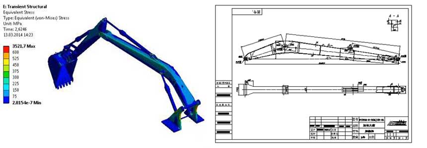 excavator long reach booms fea and cad drawing